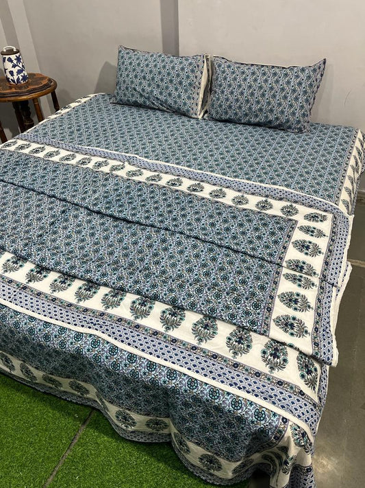 Indigo Bloom Cotton Bedsheet & Dohar Combo Set