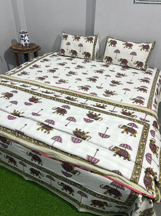 Elephant Motif Bloom Cotton Bedsheet & Dohar Combo Set