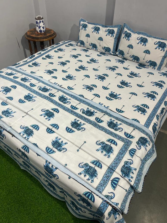 Blue Elephant Bloom Cotton Bedsheet & Dohar Combo Set