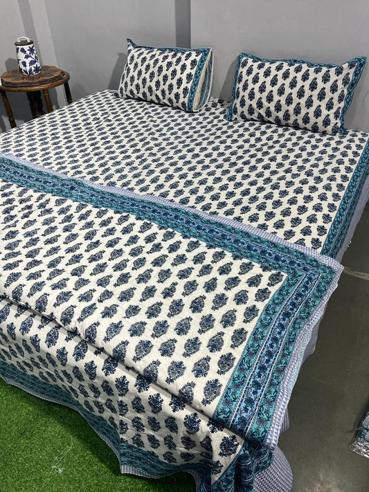 Sea Blue Bloom Cotton Bedsheet & Dohar Combo Set