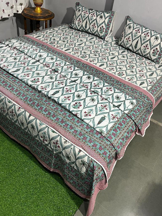 Aqua Green bloom Cotton Bedsheet & Dohar Combo Set
