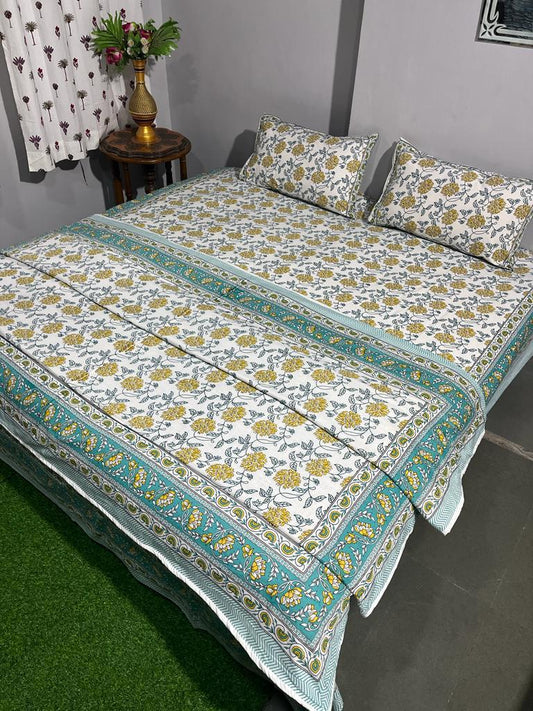 Mustard Yellow Flower bloom Cotton Bedsheet & Dohar Combo Set