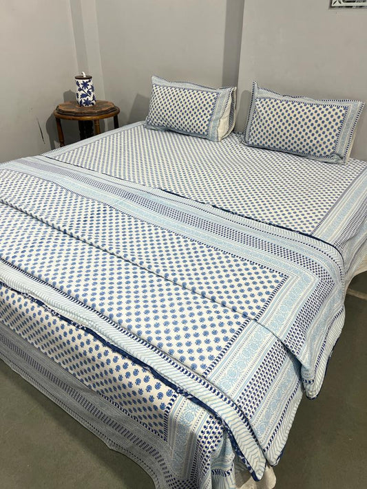 Navy Blue Bloom Cotton Bedsheet & Dohar Combo Set