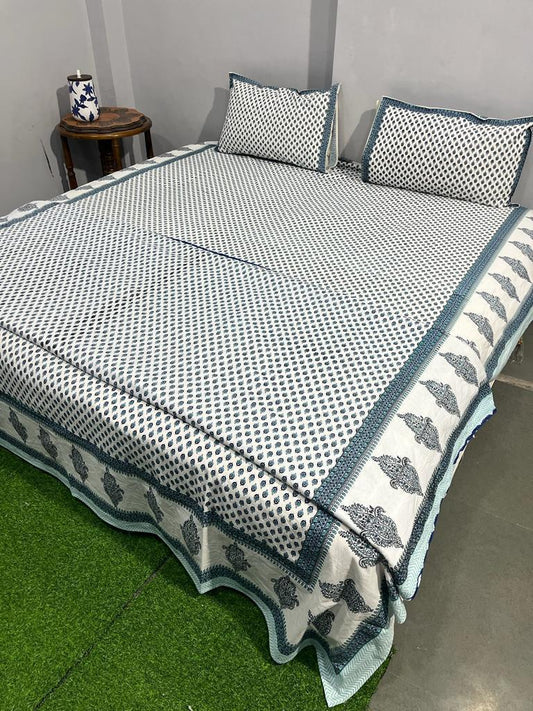 Steel Blue Bloom Cotton Bedsheet & Dohar Combo Set