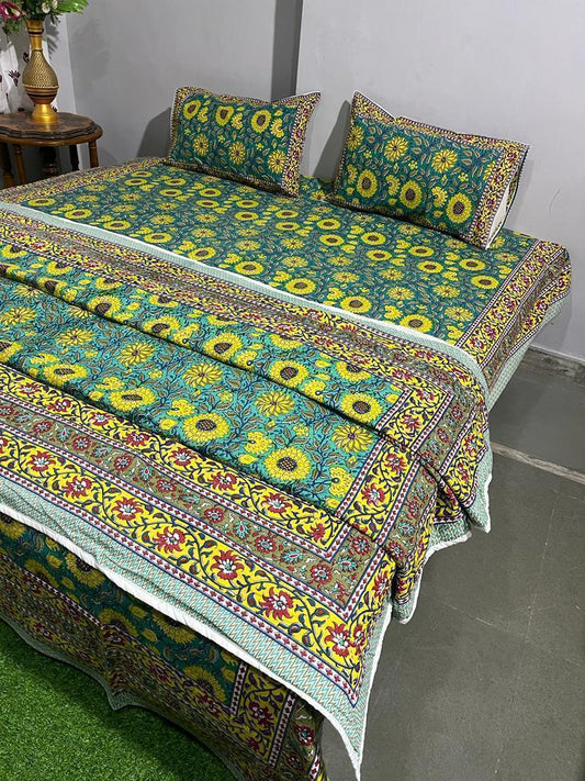 Sunflower Bloom Cotton Bedsheet & Dohar Combo Set