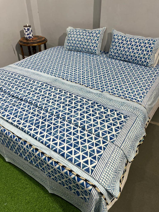Deep Sky Blue Bloom Cotton Bedsheet & Dohar Combo Set