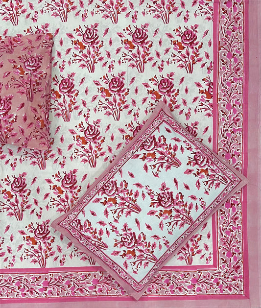 Roselle Bloom Cotton Hand Block Printed Bedsheet and Pillow Case Set