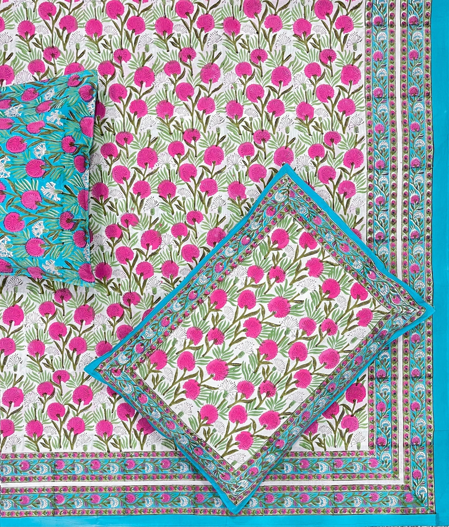 Petal Bloom Cotton Hand Block Printed Bedsheet and Pillow Case Set