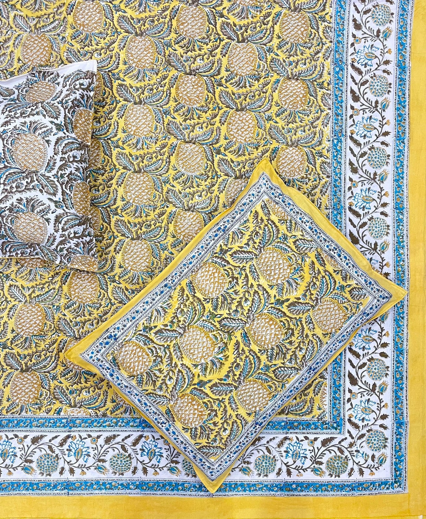 Golden Bloom Cotton Hand Block Printed Bedsheet and Pillow Case Set