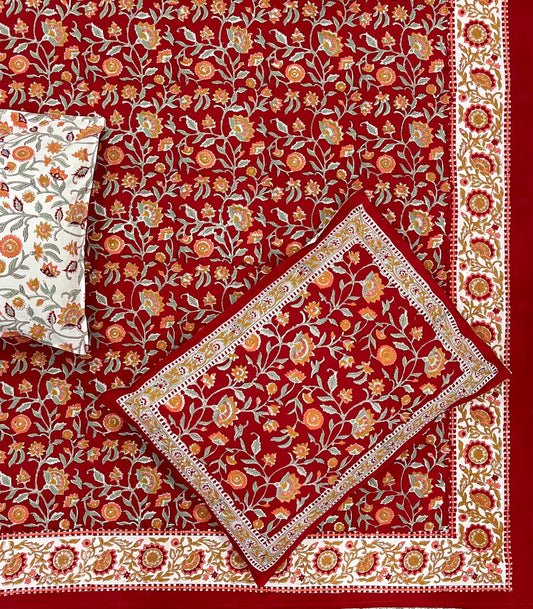 Ruby Bloom Cotton Hand Block Printed Bedsheet and Pillow Case Set