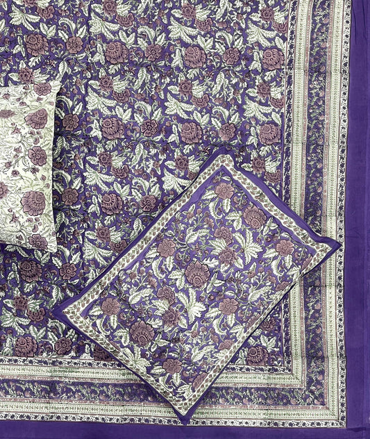 Violet Bloom Cotton Hand Block Printed Bedsheet and Pillow Case Set