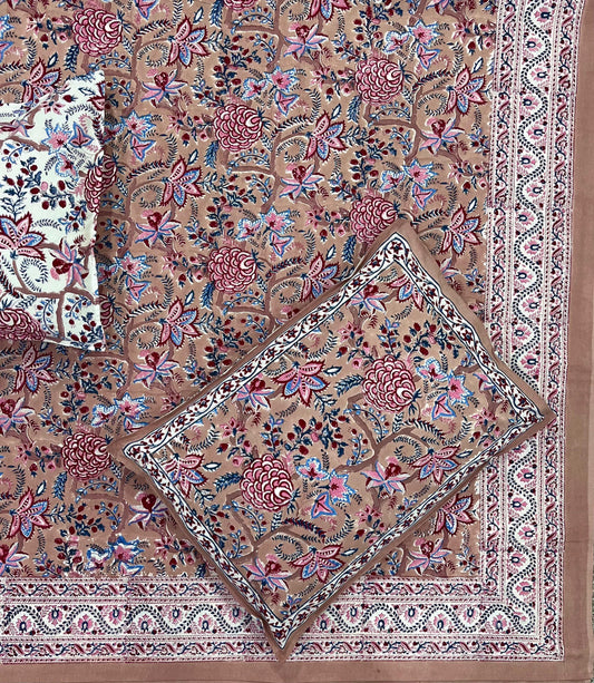 Crimson Bloom Cotton Hand Block Printed Bedsheet and Pillow Case Set