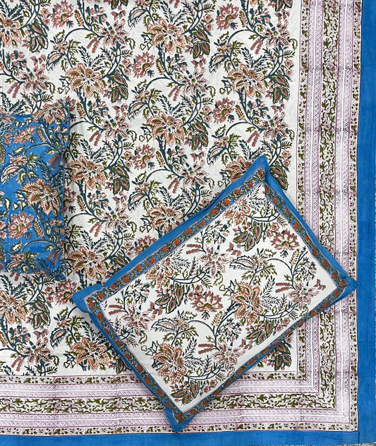Bluebird Bloom Cotton Hand Block Printed Bedsheet and Pillow Case Set