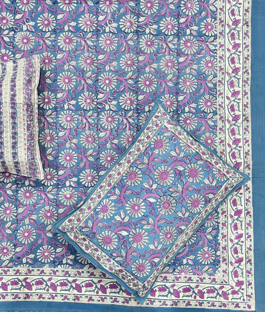 Lake Blue Bloom Cotton Hand Block Printed Bedsheet and Pillow Case Set
