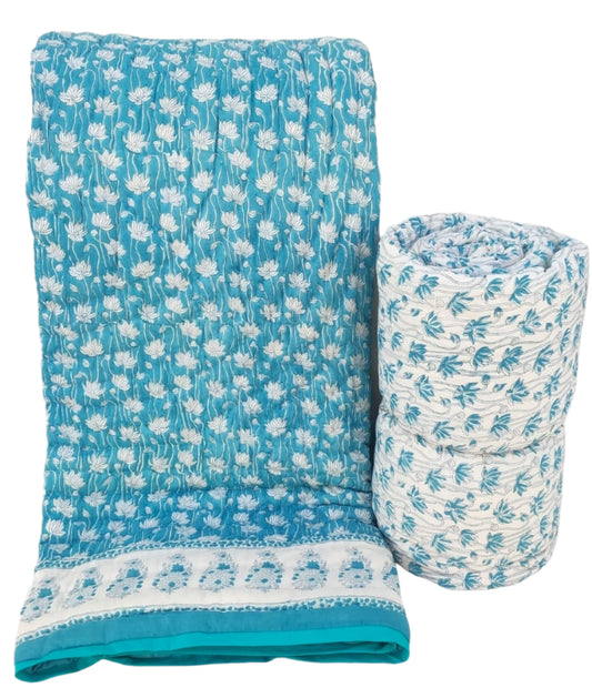 Aqua Blue Floral Printed Reversible King size Quilt