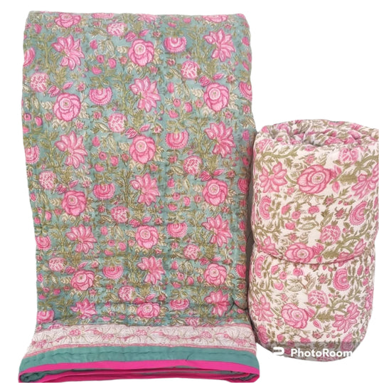 Light Turquoise  Blue Floral Reversible King size Quilt