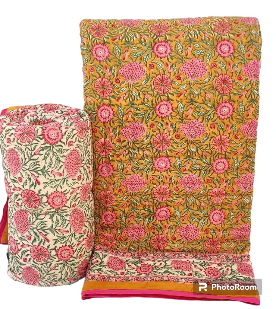 Mustard Yellow Floral Reversible King size Quilt