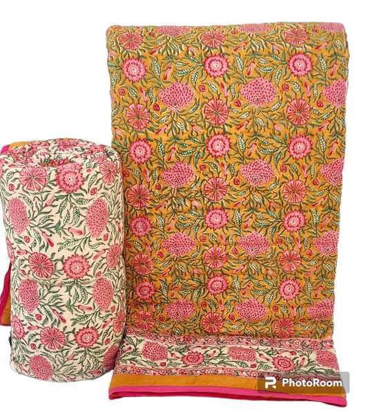 Mustard Yellow Floral Reversible King size Quilt