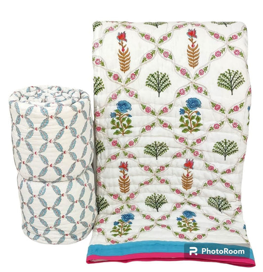 Pale White Floral Reversible King size Quilt