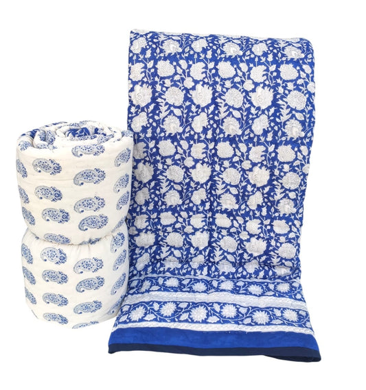 Royal Blue Floral Reversible King size Quilt