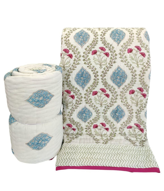 Hand Block Floral Printed Reversible King size Quilt