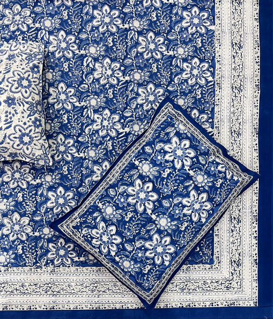 Twilight Bloom Cotton Hand Block Printed Bedsheet and Pillow Case Set