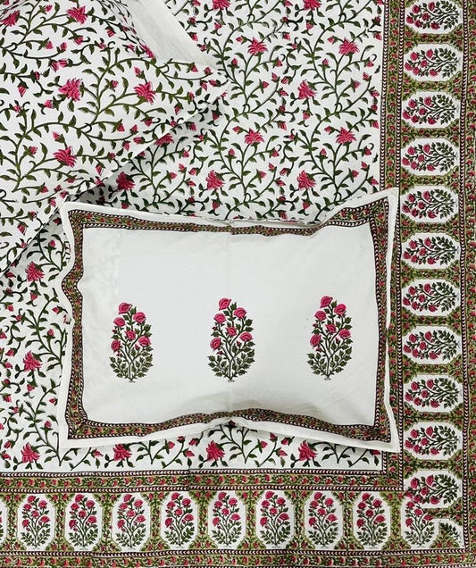Wild Berry Bloom Cotton Hand Block Printed Bedsheet and Pillow Case Set