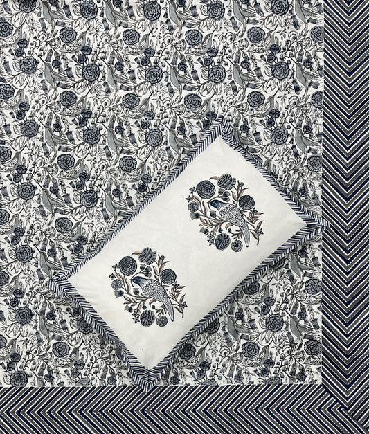 Mystic Bloom Cotton Hand Block Printed Bedsheet and Pillow Case Set