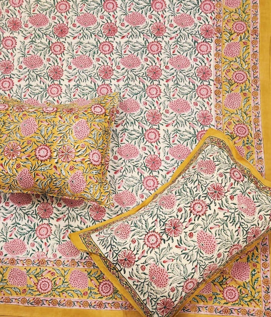 Marigold Bloom Cotton Hand Block Printed Bedsheet and Pillow Case Set