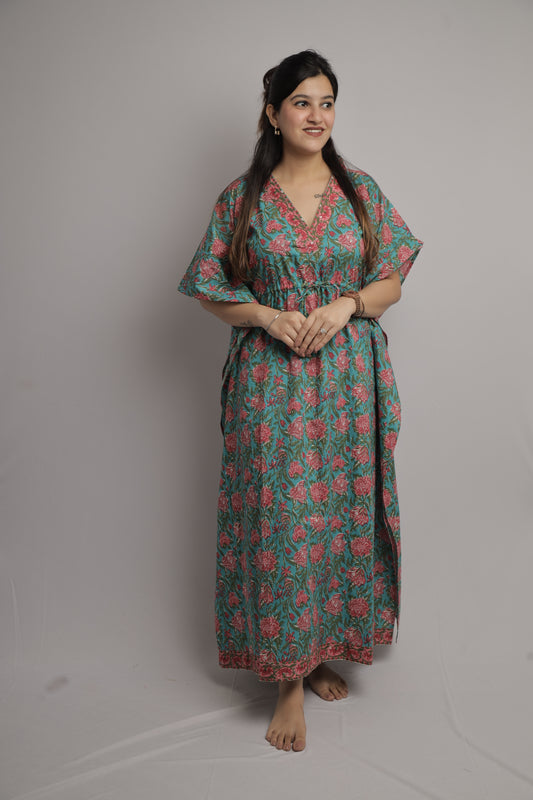 Aqua Green Floral Kaftan Maxi