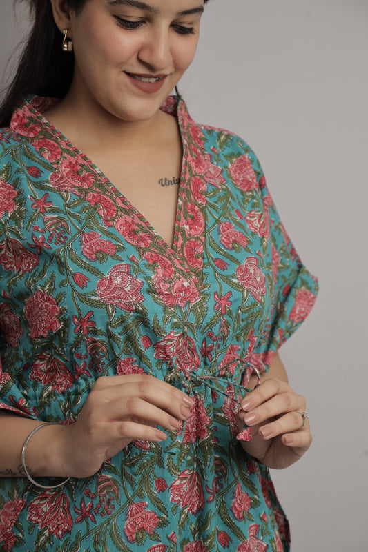 Aqua Green Floral Kaftan Maxi