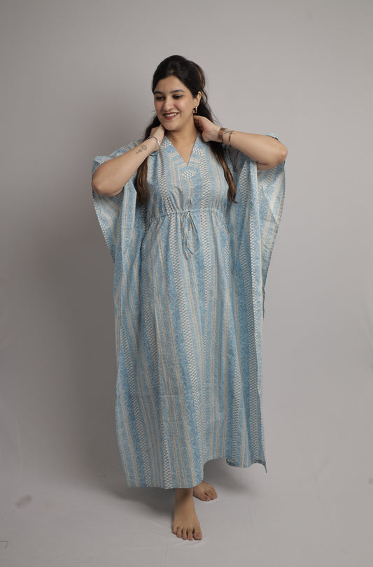 Aqua Blue Floral Kaftan Maxi