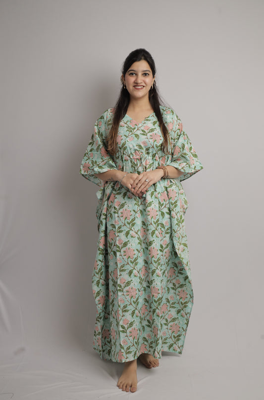 Teal Green Floral Kaftan Maxi