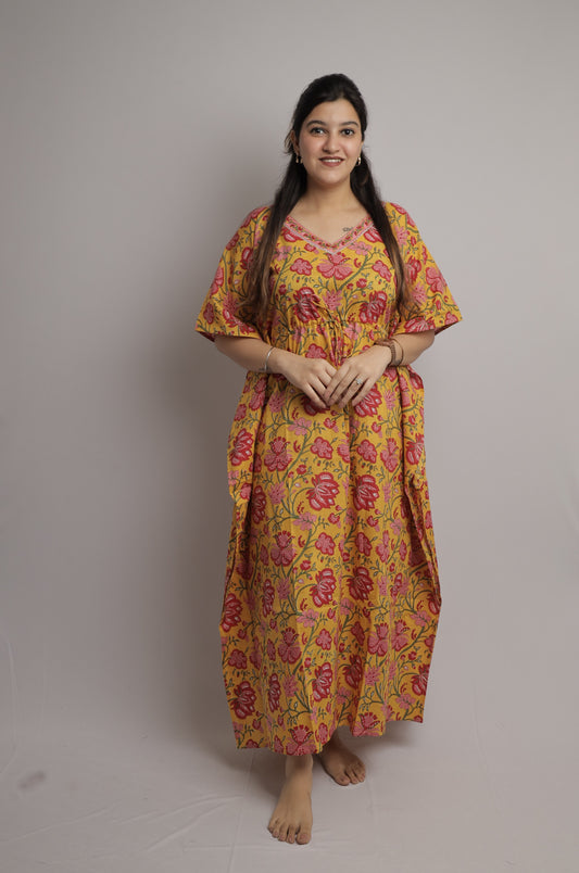 Mustard Floral Kaftan Maxi
