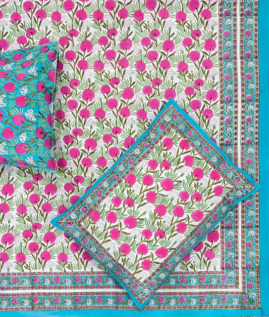 Petal Bloom Cotton Hand Block Printed Bedsheet and Pillow Case Set