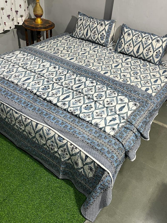 Marble Blue Bloom Cotton Bedsheet & Dohar Combo Set