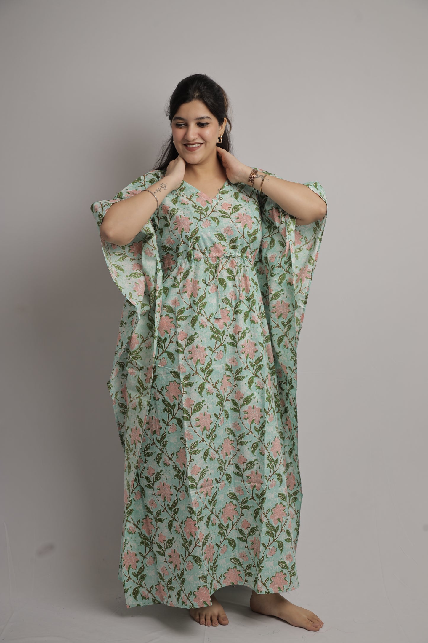 Teal Green Floral Kaftan Maxi